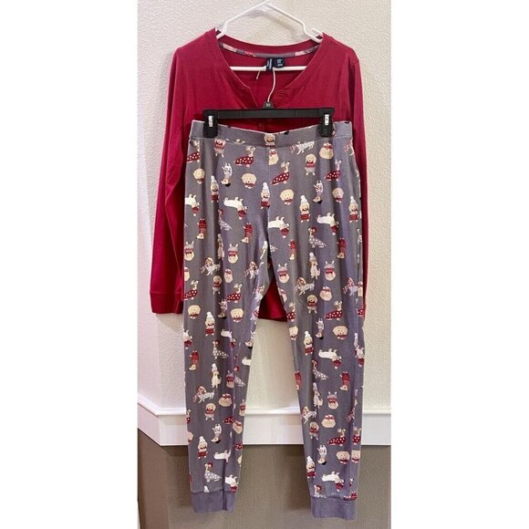 Cynthia Rowley Pajamas Size M Dogs Jersey Knit Christmas Pants Shirt Set Winter - Picture 1 of 6